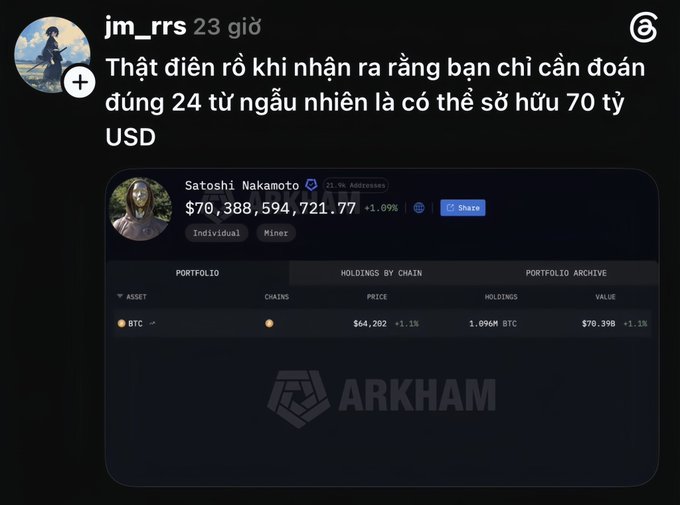 A Threads post by user jm_rrs in Vietnamese states 'Thật điên rồ khi nhận ra rằng bạn chỉ cần đoán đúng 24 từ ngẫu nhiên là có thể sở hữu 70 tỷ USD' alongside a screenshot of Satoshi Nakamoto's Arkham portfolio showing $70,388,594,721.77 from 1.096M BTC.