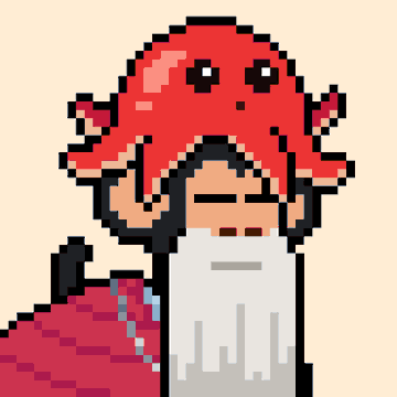 Pixel art illustration of a bearded man with closed eyes wearing a red octopus on his head.