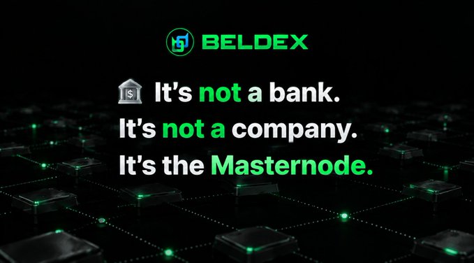 A promotional banner for 'BELDEX' with a green logo, stating 'It's not a bank. It's not a company. It's the Masternode' against a background of interconnected digital nodes.