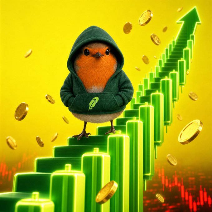 A robin wearing a green hoodie stands atop a glowing green staircase of ascending candlestick bars with an upward arrow, surrounded by floating gold coins against a yellow background, symbolizing bullish momentum and rising price action for the $ROBERT meme token on the Robinhood chain.