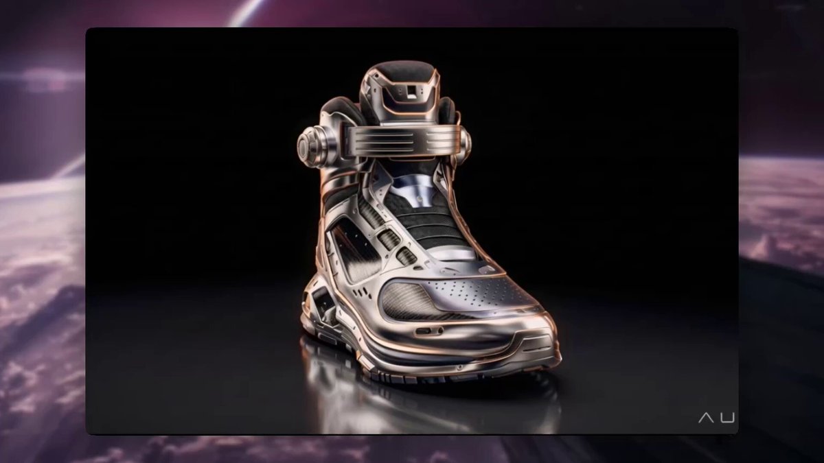 urn-shaped metallic shoe with a black sole and silver accents, featuring a high top and low heel design against a purple background.