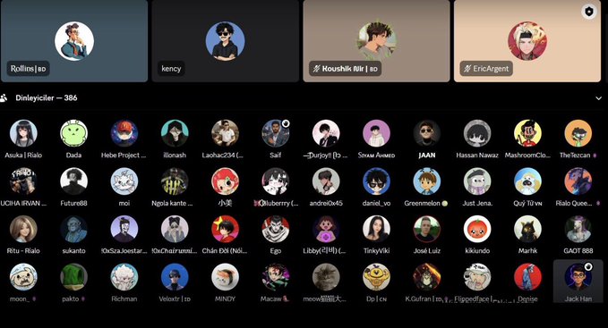 A Discord server interface showing the "Dınleyıcıler" (Listeners) voice channel with 386 members, displaying four online users at the top and a grid of user avatars below.