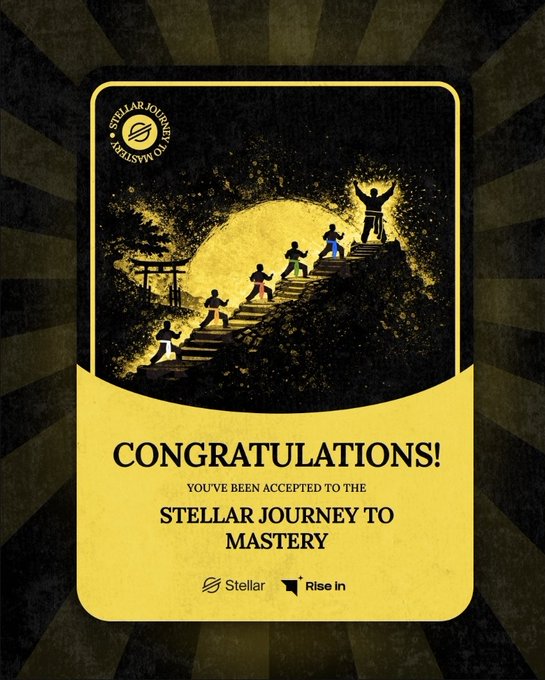 Congratulations card featuring silhouettes climbing stairs toward a moonlit peak, accepting the recipient into the "Stellar Journey to Mastery" program by Stellar and Rise In.