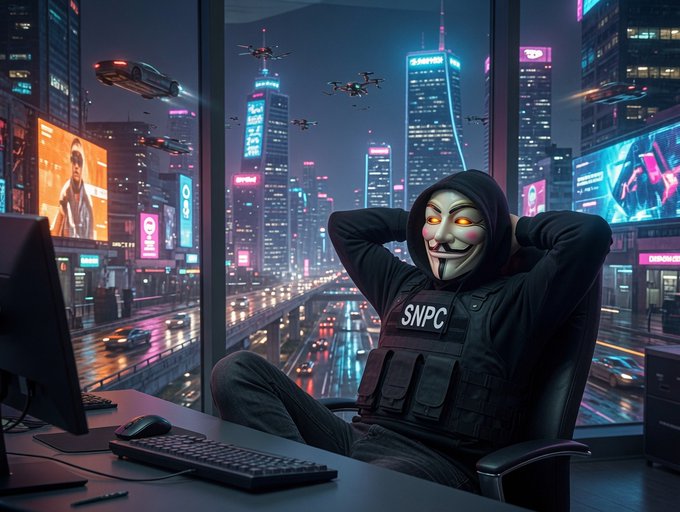 A masked figure in a black hoodie labeled "SNPC" reclines at a computer desk against a neon-lit futuristic cityscape, watching drones and traffic through a large window.

The image ties into the post as a stylized visual recap for "$NPC WEEKLY RECAP," with the masked "SNPC" figure echoing the NonPlayableCoin mascot aesthetic used by @NonPlayableCoin.