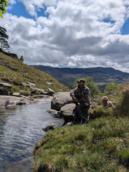 A person wearing a checkered jacket and cap fishing by a rocky stream in a mountainous landscape, with a small fluffy dog standing nearby on the grassy bank.