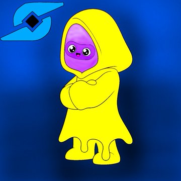 A cartoon illustration of a small, purple character wearing a yellow hooded robe with its arms crossed, standing against a blue background next to a blue logo.