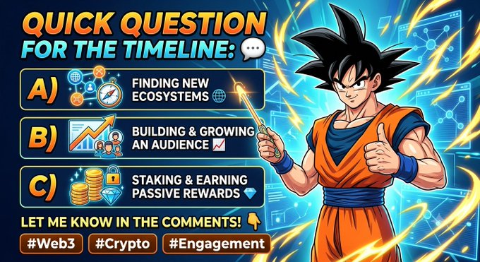 A Dragon Ball-themed engagement post featuring Goku with a 'QUICK QUESTION FOR THE TIMELINE' poll about finding new ecosystems, building an audience, or staking crypto rewards, tagged #Web3 #Crypto #Engagement.