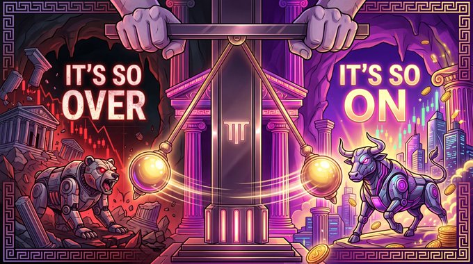 Crypto-themed artwork showing a balanced scale with "IT'S SO OVER" on the left (bear market) and "IT'S SO ON" on the right (bull market), featuring a mechanical bear and bull guarding either side.