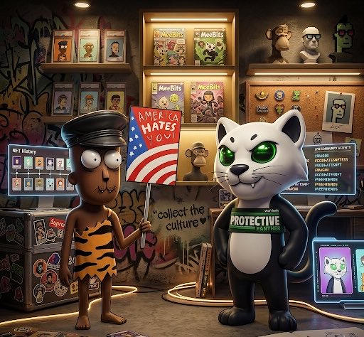Two animated characters, a cat and a human, stand in front of a bookshelf filled with "America Hates You" magazines, accompanied by a cartoon character holding an American flag.