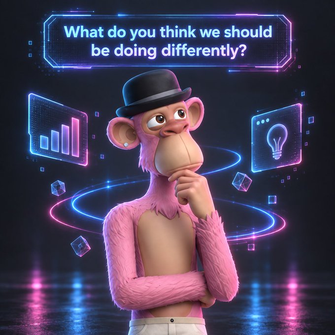 A pink 3D-rendered monkey character wearing a black top hat in a thoughtful pose, surrounded by neon bar charts and a lightbulb icon, with text asking 'What do you think we should be doing differently?'.