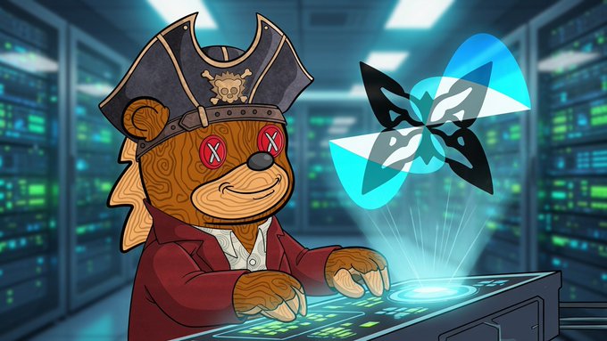 A stylized NFT artwork featuring a wooden pirate character with a pirate hat and X-eyed red glasses, holding a holographic projection of a cat face symbol within a server room environment.