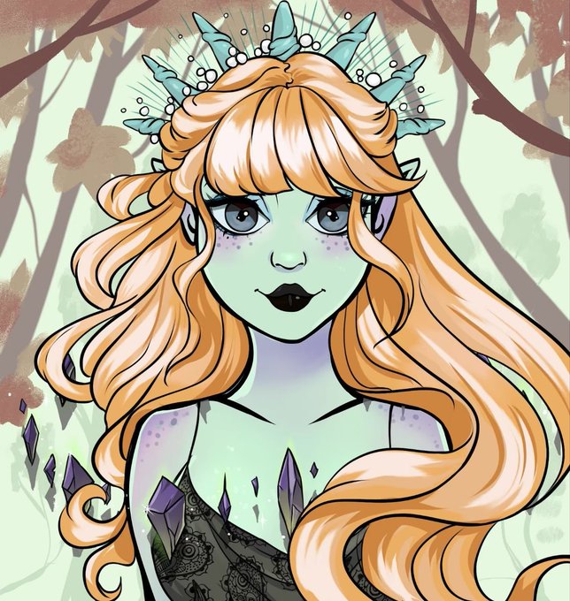 A fantasy illustration of a pale green-skinned woman with flowing orange hair, a crystal crown, and dark lips, set against a forest backdrop with purple crystals.