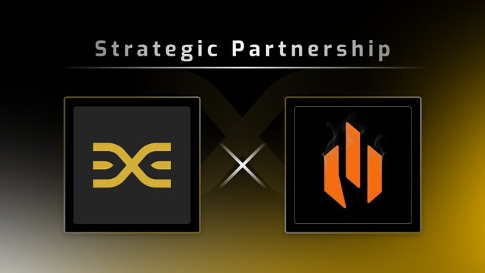 A graphic announcing a "Strategic Partnership" between two entities, featuring a yellow infinity-style logo on the left and an orange flame/bar logo on the right, separated by a large "X" symbol. The image visually represents the collaboration highlighted in the post about partnering with PegaBankEXE.