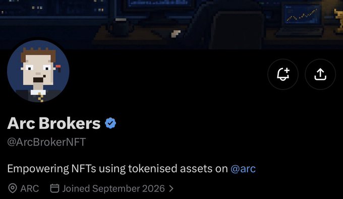 A Twitter/X profile page for the verified account **@ArcBrokerNFT** named **Arc Brokers**, displaying a pixel-art avatar of a man and the bio "Empowering NFTs using tokenised assets on @arc," with location listed as ARC and a join date of September 2026. The image directly showcases the early broker account on the ARC platform being promoted in the accompanying post.