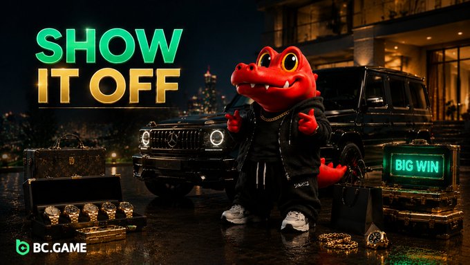 Promotional image for BC.GAME featuring a red crocodile mascot in streetwear in front of a Mercedes G-Wagon, with "SHOW IT OFF" and "BIG WIN" text.