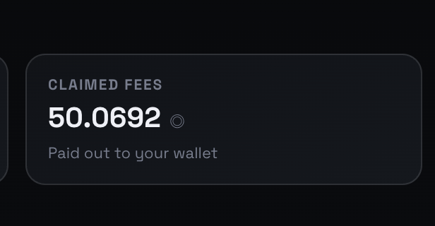 A dark-themed dashboard card displays "CLAIMED FEES" of 50.0692 SOL, with the note "Paid out to your wallet" beneath it. The image illustrates the financial rewards from purchasing Kimji packs, showing claimed fees that have been paid out following the rip pack results.