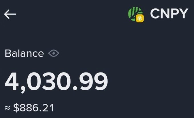 The image shows a wallet screen for the Canopy (CNPY) airdrop, displaying a balance of 4,030.99 CNPY tokens (approximately $886.21 USD), which relates to the post highlighting the Canopy airdrop claim and noting that some users received large allocations of CNPY tokens.