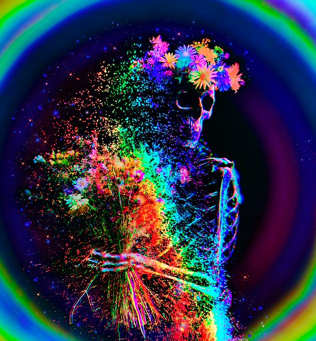 A vibrant, psychedelic illustration of a figure composed of rainbow-colored splatters and flowers, with "flwrluv" by @VirginiaLori capturing the essence of blooming, cosmic love through explosive neon hues and floral motifs.