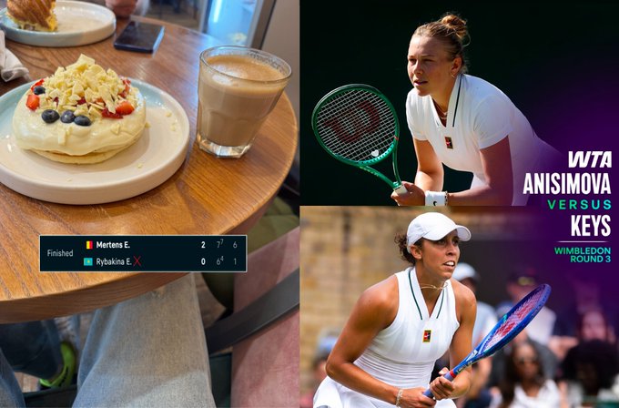 A collage featuring a pancake dish with coffee on the left, a tennis scoreboard showing 'Mertens E. vs Rybakina E.', and two photos of tennis players on the right labeled 'WTA ANISIMOVA VERSUS KEYS WIMBLEDON ROUND 3'.