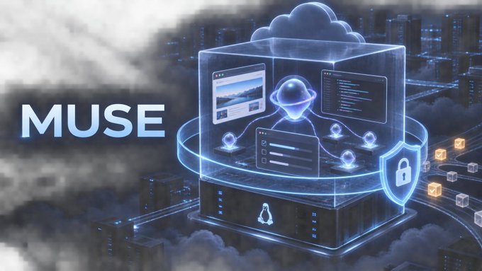 A futuristic digital illustration features the text 'MUSE' alongside a holographic figure inside a cloud cube, surrounded by security shields, code panels, and floating data cubes.