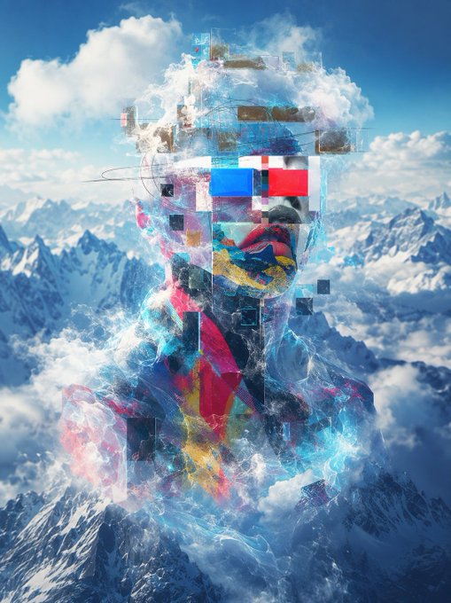 A surreal, abstract digital art piece showing a fragmented, pixelated face made of colorful squares emerging from clouds over snow-capped mountains.