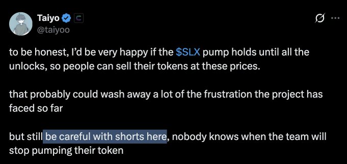 A screenshot of a tweet from Taiyo (@taiyoo) advising caution around $SLX, warning about potential "pumping" and advising people to "be careful with shorts here." The tweet aligns with the accompanying post's narrative, as the highlighted "be careful with shorts here" phrase is what the commenter references to mock the subsequent 70% drop in the token's price.