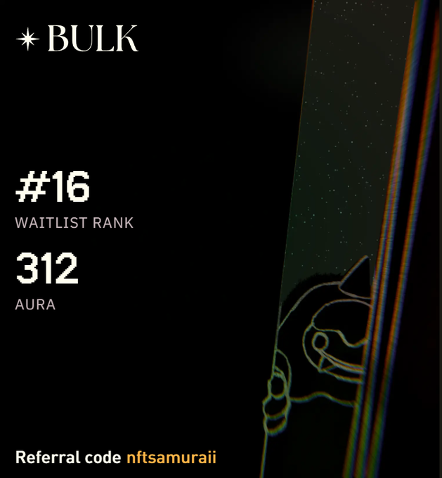 In the image, there's an advertisement for a product named "Bulk" placed against a black background with white text. It features a line of stars which indicates that bulk trade has already started and is ongoing within the testnet ecosystem. The image also mentions a "#16" position in the post where it was first posted, suggesting that this specific post is numbered 16 out of many posts on this site. Additionally, a text box below provides information about a new currency being referred to as "nftsamurai," which can be used for bulk trade or exchanges.