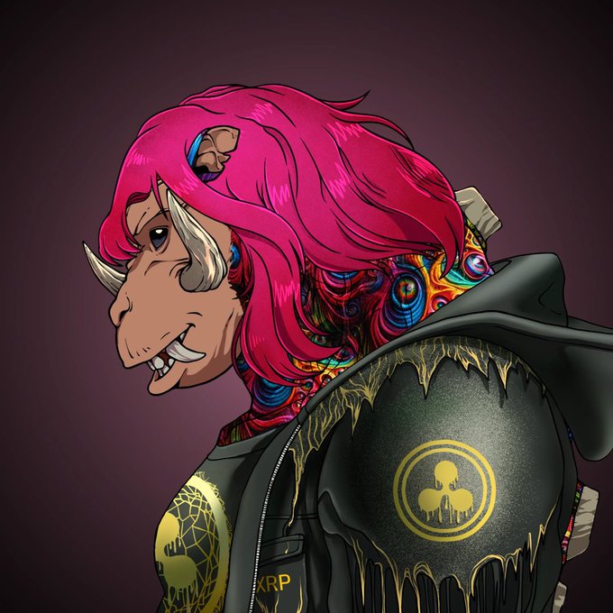 An illustration of an anthropomorphic animal character (appears to be a tapir or boar) with bright pink hair, tusks, and colorful tattoos on its neck, wearing a black jacket with gold skull insignia and dripping paint designs, labeled 'XRP'.