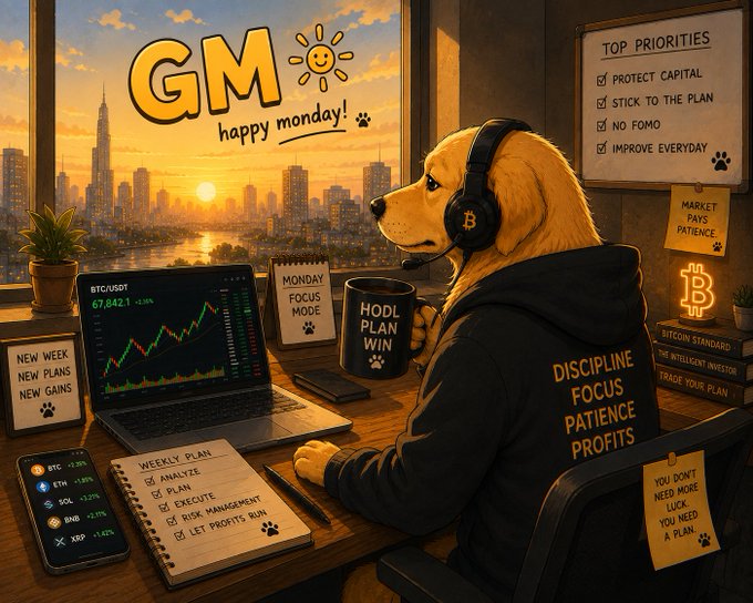 An illustrated dog in a hoodie and Bitcoin headphones works at a desk with trading charts, a mug reading "HODL PLAN WIN," and motivational notes like "DISCIPLINE FOCUS PATIENCE PROFITS," under a "GM happy monday!" greeting.