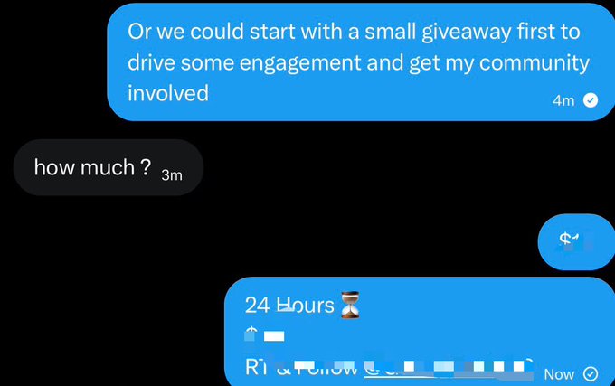The image shows a Twitter DM conversation where the sender proposes a "small giveaway" to drive engagement, followed by "how much?" and a response of "24 hours ⌛," aligning with the post's $200 giveaway announcement in exchange for likes, retweets, and Solana wallets.