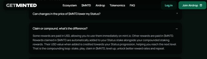 A FAQ section on the GETMINTED website answering 'Can changes in the price of $MNTD lower my Status?' and explaining the difference between claiming and compounding $MNTD rewards.