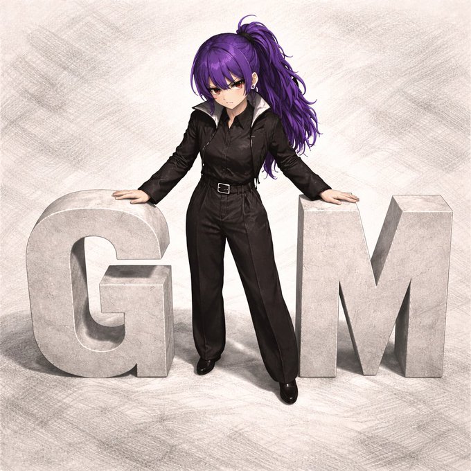 Anime-style illustration of a woman with long purple hair in a black jumpsuit standing between large concrete letters 'G' and 'M'.
