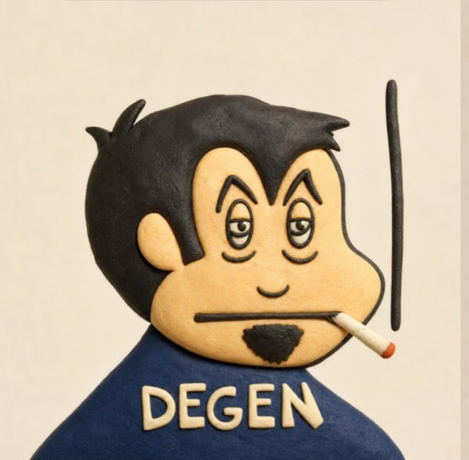 A sculpted figurine of a cartoon character with dark hair and a goatee smoking a cigarette, wearing a blue shirt labeled 'DEGEN'.