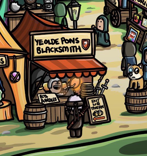 The cartoon shows a medieval market scene centered on a "YE OLDE PONS BLACKSMITH" stall, where a hooded "Exit L1g Thvern" sign points to barrels of "BØB Bundles" and the hooded figures represent liquidity providers exiting their positions—a visual pun on "exit liquidity" as newcomers arrive at the blacksmith to be metaphorically "forged" while old holders cash out, matching the post's sardonic tone.
