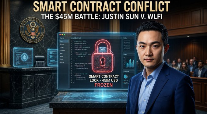 A graphic titled 'SMART CONTRACT CONFLICT: THE $45M BATTLE: JUSTIN SUN V. WLFI' showing a man in a blue suit beside a screen displaying a padlock with 'SMART CONTRACT LOCK - 45IM USD FROZEN'.