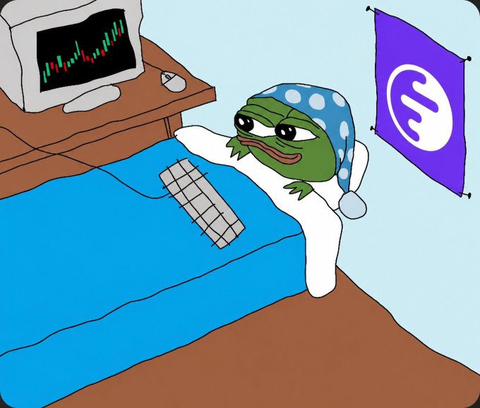 The image features a cartoon frog wearing a blue hat, sitting comfortably in bed with a computer monitor next to him. The frog appears to be playing video games or watching something on the screen while lying down. The caption of the image reads "When will they drop $INK? I'M TIRED OF waiting". This suggests that the viewer might be tired of waiting for updates, and they are eager to see what happens next in the game or content being displayed on the computer monitor.