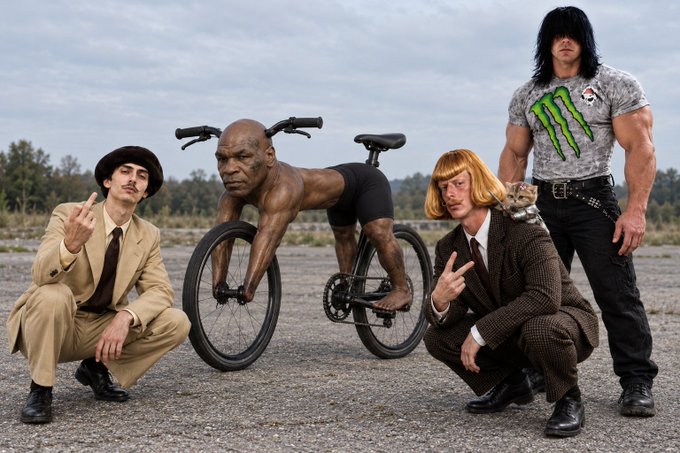 Four men pose on cracked pavement with a vintage bicycle, including a muscular long-haired figure in a "Monster" energy shirt—a surreal, AI-generated image parodying the absurdity of memecoin culture tied to influencers.