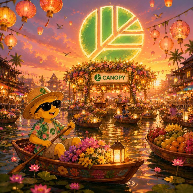 A festive digital artwork featuring a yellow mascot character rowing a flower-filled boat on a river, with a large 'CANOPY' logo illuminated against a sunset sky and floating lanterns.