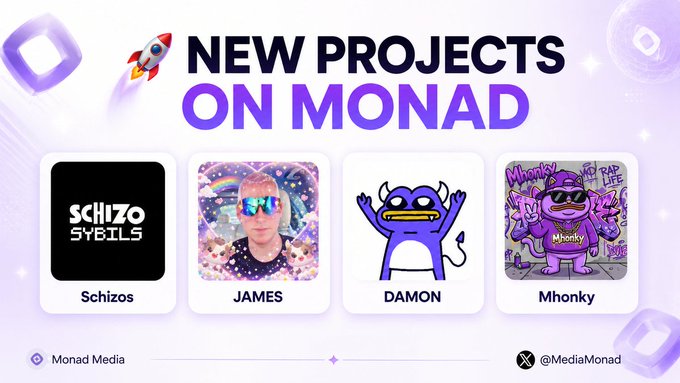 A graphic titled "NEW PROJECTS ON MONAD" showcases four square tiles featuring the new ecosystem additions: Schizos (Schizo Sybils logo), $JAMES (a photo of a man in sunglasses), Damon (a purple devil-like character), and Mhonky (a purple graffiti-style character), with Monad Media and @MediaMonad tagged at the bottom.