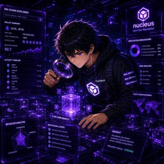 An anime-style figure in a "nucleus" hoodie examines a magnifying glass over a glowing holographic cube, surrounded by dashboards displaying an On-Chain Explorer (wallet "0x7A...9F3C", reputation score 92.7), Reputation Breakdown, Risk Analysis, Behavior Analysis, Multi-Chain Footprint, and an Insight panel flagging a "STRONG" reputation status. The image visually reinforces the post's theme by illustrating how Nucleus's on-chain identity and reputation layer brings transparency and accountability to Web3 users.