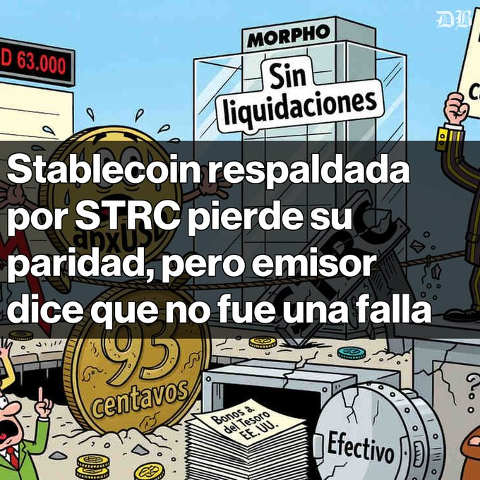 The image features a cartoon illustration of Bitcoin icons rendered with a focus on stablecoin APIs, symbolizing stability. A sign reading "Stablecoin resplada por STRC pierde su piero emisionar, pero enemir...," is visible in the text, suggesting that stability in this context might be compromised by negative actions or decisions made by certain individuals. This could potentially lead to the collapse of the stablecoin, causing financial loss for users who rely on it. The post about the collapse of Bitcoin has been shared as an attention-grabbing and humorous way to explain the unstable nature of some ICOs.