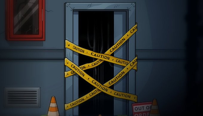 An animated scene showing a doorway blocked off with multiple strips of yellow caution tape, with traffic cones and an "OUT OF ORDER" sign nearby.