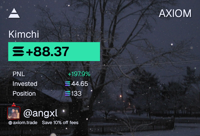 An AXIOM.trade trading screenshot showing a 'Kimchi' position with a +88.37 gain (+197.9% PNL) on an investment of 44.65 with a position of 133, credited to user @angxl with a 10% off fees code.