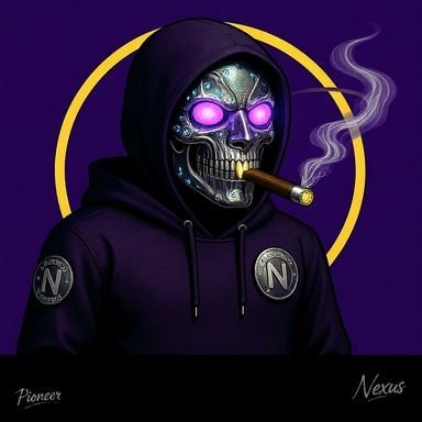 A menacing robotic skull with glowing purple eyes smokes a cigar while wearing a black hoodie featuring circular "N" logos, set against a purple background with yellow accents. Text at the bottom reads "Pioneer" and "Nexus," promoting the upcoming free mint giveaway of 555 NFT spots on Solana in partnership with @GetNexuss.