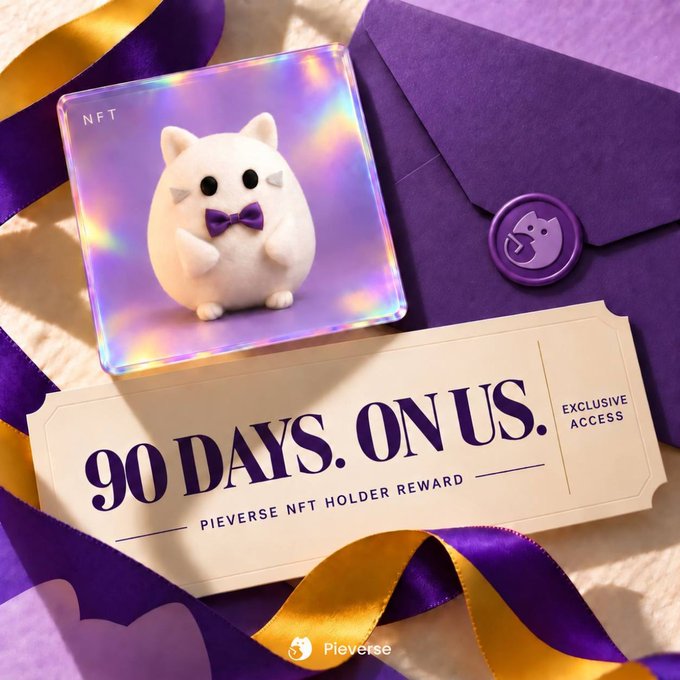 A promotional image for a '90 DAYS. ON US.' reward for Pieverse NFT holders, featuring a holographic NFT card with a white cat character wearing a purple bow tie, alongside purple and gold ribbons and a purple wax seal.