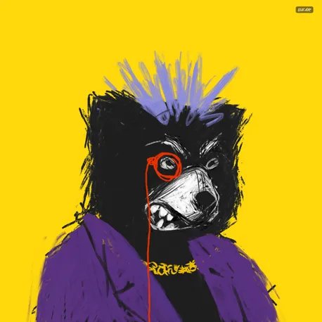 A stylized digital illustration shows a fierce black bear with sharp teeth, a red monocle, and purple hair, wearing a purple coat and gold chain against a bright yellow background, with "SHARK" text visible in the upper right corner. The bold, edgy artwork aligns with the ANIMAL FAM NFT collection's distinctive animal portrait aesthetic showcased in the post.