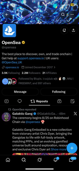 A screenshot of the OpenSea (@opensea) Twitter/X profile displays their banner, sailboat logo, and a reposted tweet from Galaktic Gang (@GalakticGa...) announcing "The ceremony begins 8/25 on Robinhood Chain." The post caption thanks @opensea for the support and retweet while asking "Who still needs WL?" (whitelist), highlighting appreciation for the NFT marketplace platform's promotional amplification of their launch.