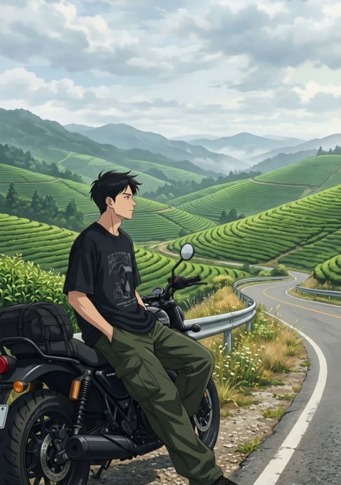 An anime-style illustration of a young man with dark hair sitting on a motorcycle, looking out over lush green rolling hills and a winding road.