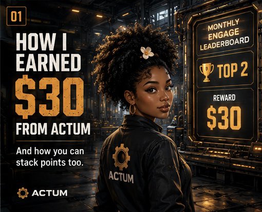 A promotional graphic with the text '01 HOW I EARNED $30 FROM ACTUM' featuring a woman with an afro, alongside 'MONTHLY ENGAGE LEADERBOARD TOP 2 REWARD $30'.