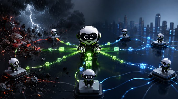 A 3D-rendered scene of a central robot-like character connected to multiple smaller characters via glowing green and blue data lines, set against a stormy cityscape.